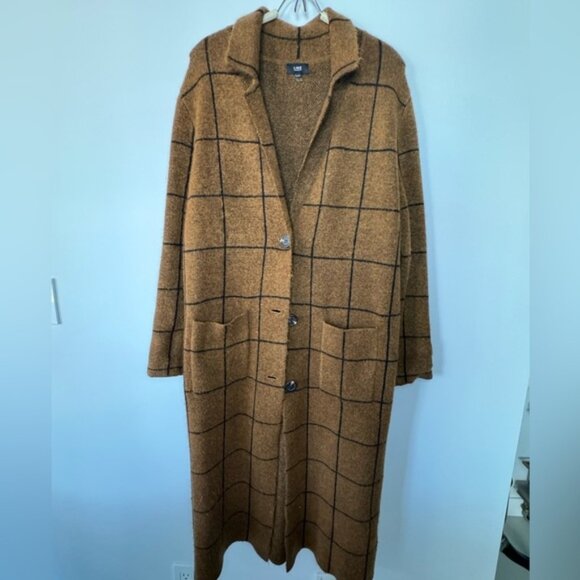 LINE Plaid Long Cardigan/Duster – Brown & Black Check - Size Medium - Picture 1 of 16